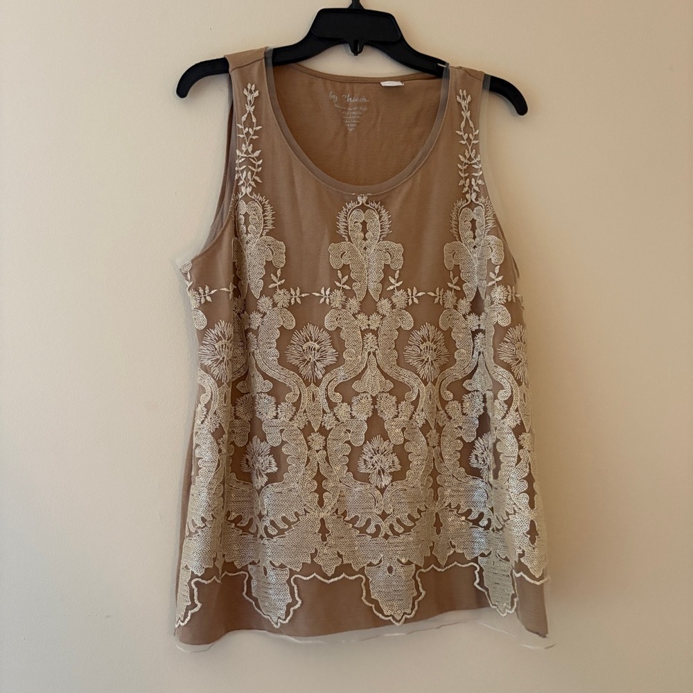 Chico’s Size 2 Large Beige Embroidered Sheer Overlay Tank Top Sleeveless